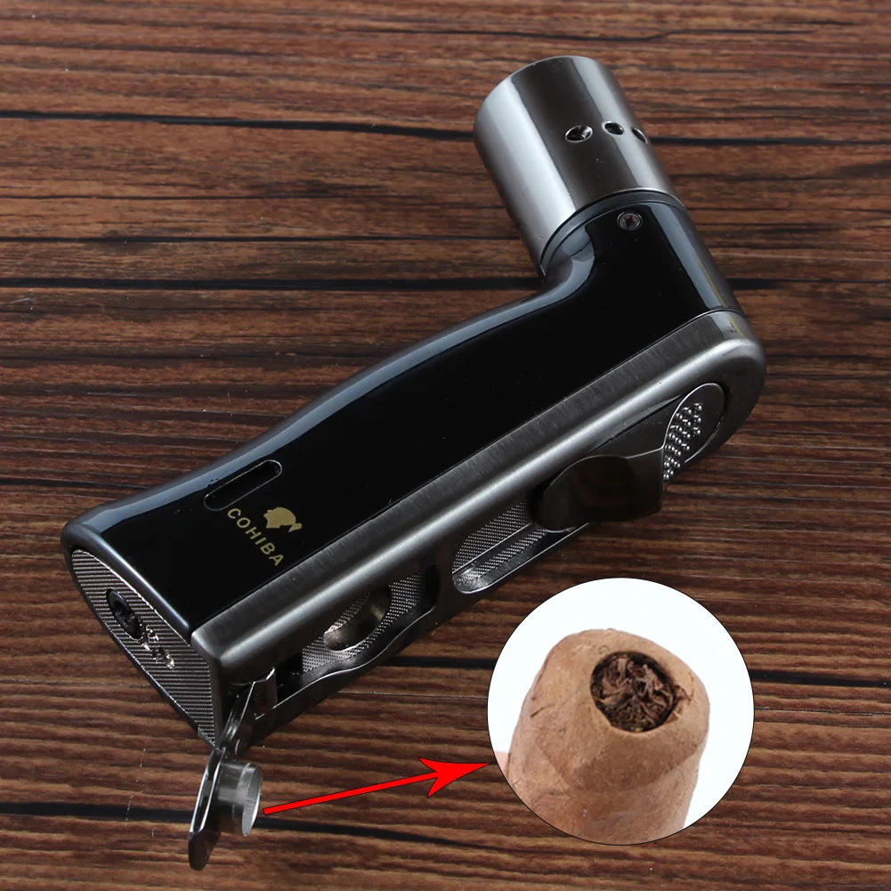 COHIBA Windproof Powerful 4 Torch Cigar Lighter Gun Style Portable Table Lighters Smoking Accessories With Gift Box | Дом и сад