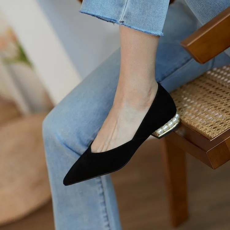Autumn Women Pearl Heeled Slip on Flats Woman Ballet Pointed Toe Dress Shoes Faux Suede Ladies Casual Shoes