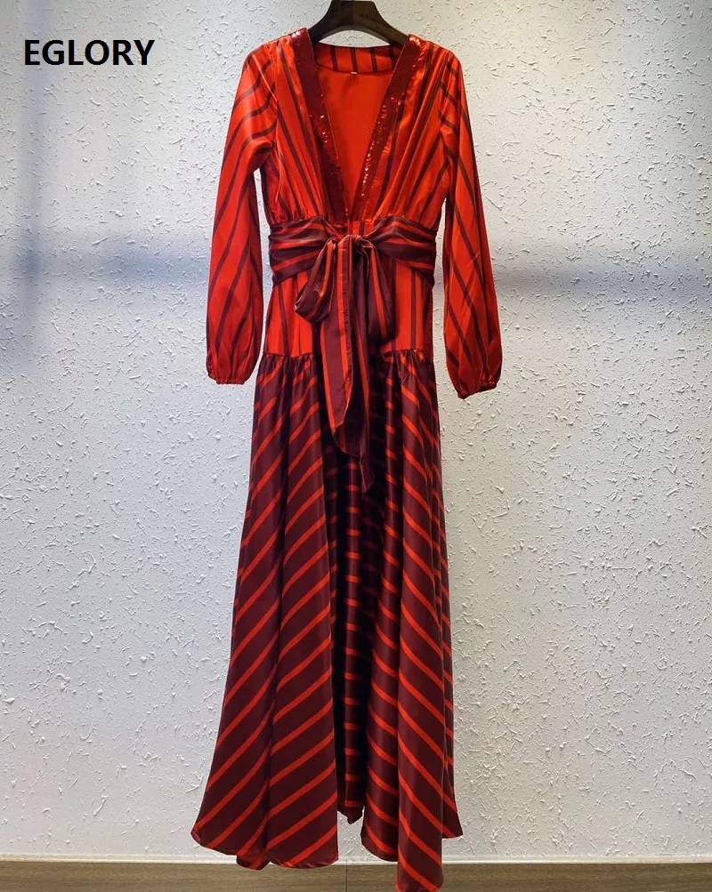 

V-Neck Long Sexy Dress 2021 Spring Summer Party Woman Striped Print Sequined Long Sleeve Casual Club Long Maxi Dress Vestidos
