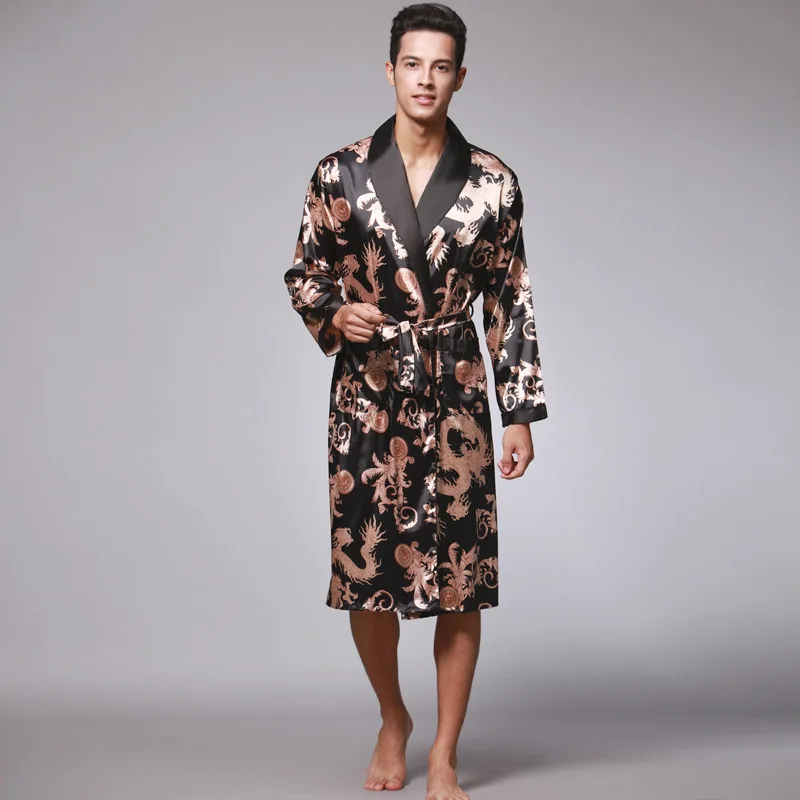 Fdfklak L-3XL Lounge Sleepwear Silk Nightwear For Men Comfort Silky Bathrobes Noble Print Dressing Gown Men's Sleep Robes