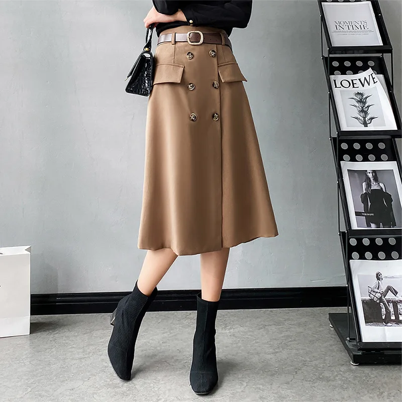 

Autumn Suit Skirts 2021 New Retro Elegant Double Breasted Cargo Skirt For Women High Waist Pockets A word Skirt With Belt