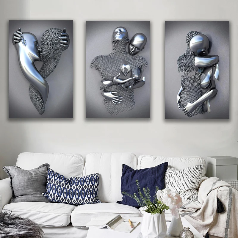 

Nordic Couples Metal Figure Statue Wall Art Canvas Painting Lover Sculpture Poster Print Wall Picture for Living Room Home Decor