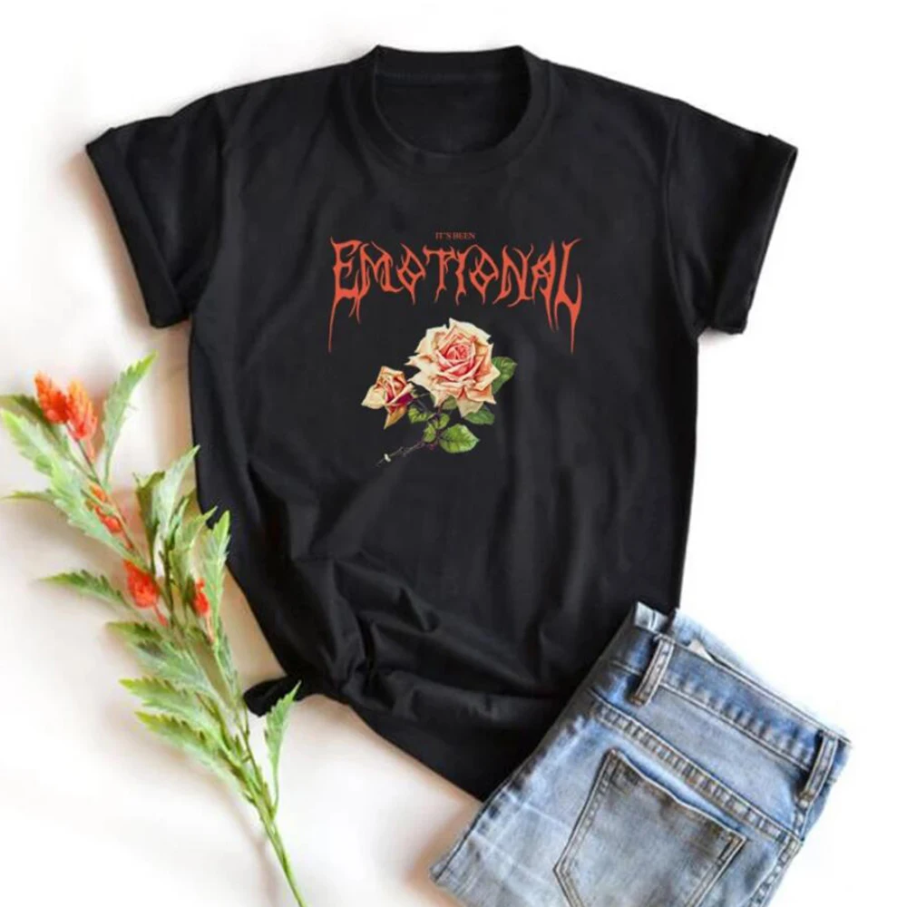 

IT's Been Emotional Letters Flower Print Female Gothic Black Shirt Short Sleeve Cotton Summer Top Plus Size Round Neck Punk Tees