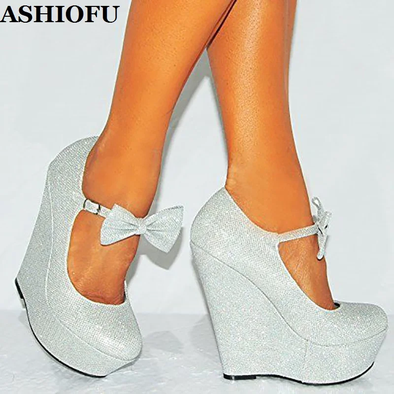 

ASHIOFU Handmade Women Wadge Heel Pumps Butterfly Party Dress Shoes Mary Janes Sexy Evening Club Fashion Pumps Court Shoes