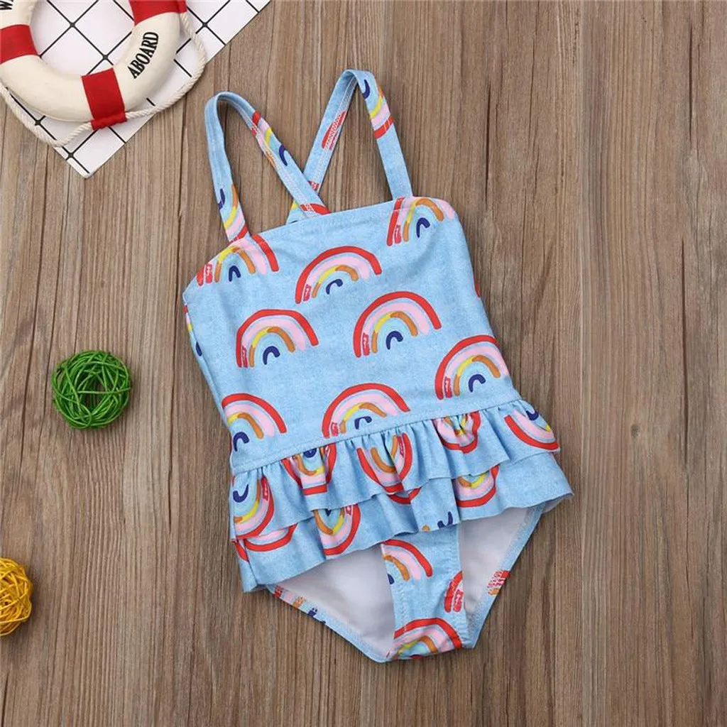 Summer Infant Baby Girls Rainbow Print Suspenders Bikini One-Piece Swimwear Beachwear Children Cute Swimming Suit maio infantil | Спорт и