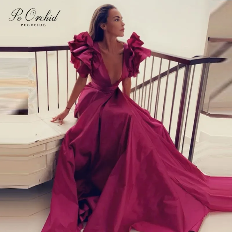 

PEORCHID Elegant Deep V Neck Sexy Formal Dress Evening Gown Satin A Line Gala Jurken Dames Dubai Fuchsia Prom Dress 2020