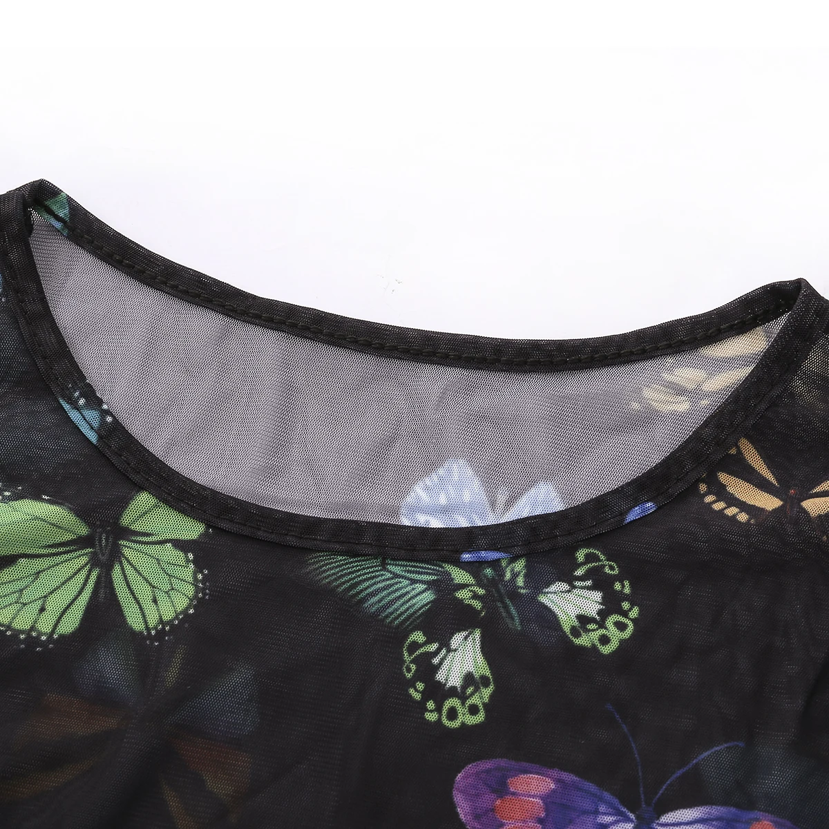

Female Butterfly Print T-shirts Crop Tops Summer See-through Mesh Sheer Long Sleeves O-Neck Bodycon Tops Wear Tee Shirts
