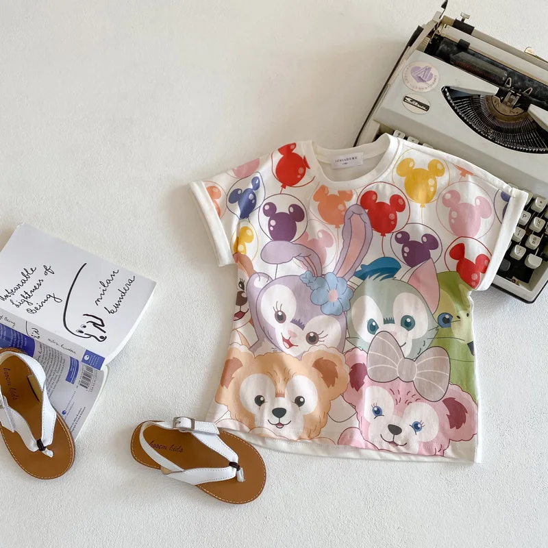 

2021 для девочек на весну-лето, летняя одежда для девочек в Корейском стиле Стиль Милая футболка, Ins, детская одежда с изображением героев из му...