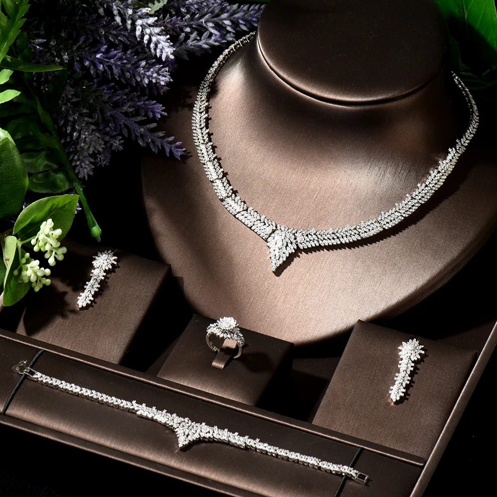 

HIBRIDE Leaf Charms 4Pcs Luxury Nigerian Jewelry Set For Women Wedding Cubic Zircon Dubai Bridal Necklace Earring Set N-25