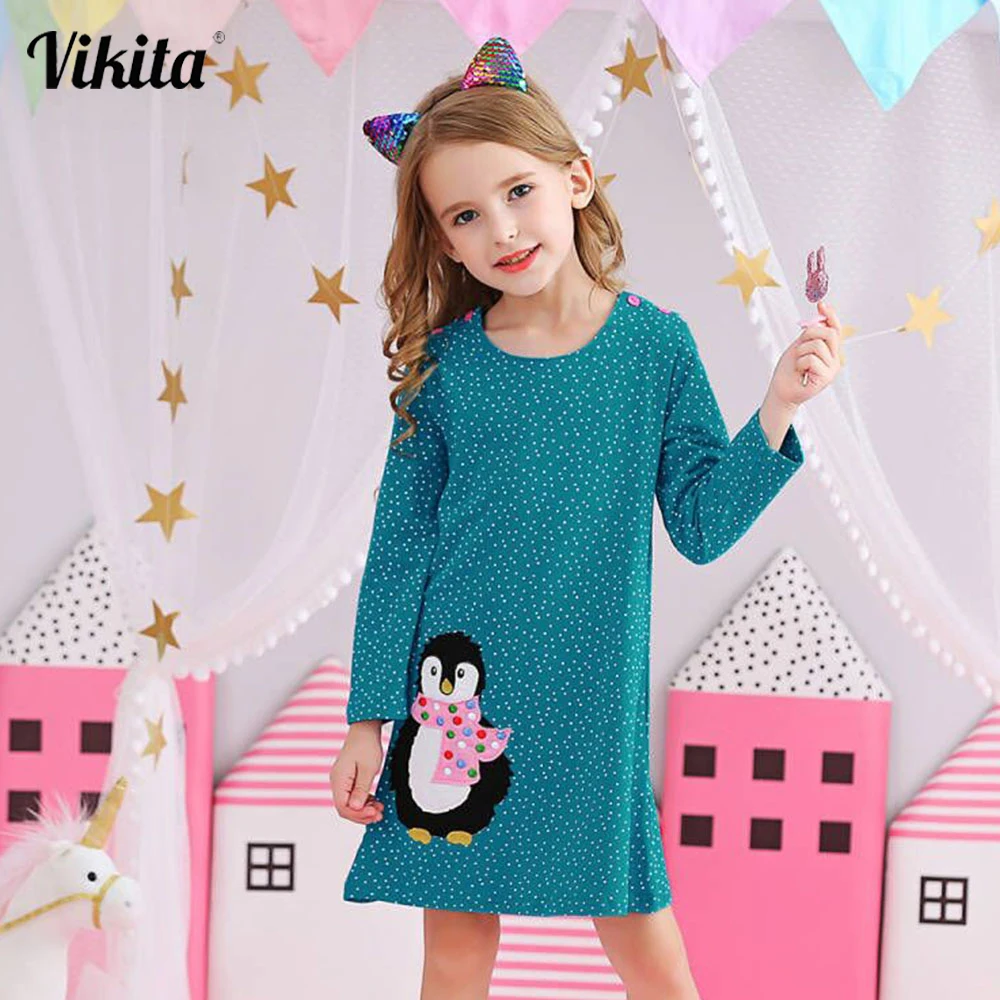 

VIKITA Winter Children Dress Dot Long Sleeve Kids Casual Dress For Girls Animal Appliques Children Clothes Cotton Girls Costume