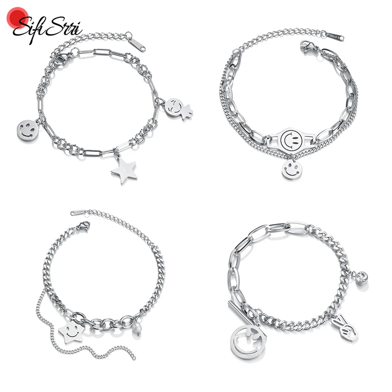 

Sifisrri New Lucky Smile Pentagram Bracelet Set Stainless Steel Solid Chains Unisex Wrist For Women Birthday Jewelry Gift