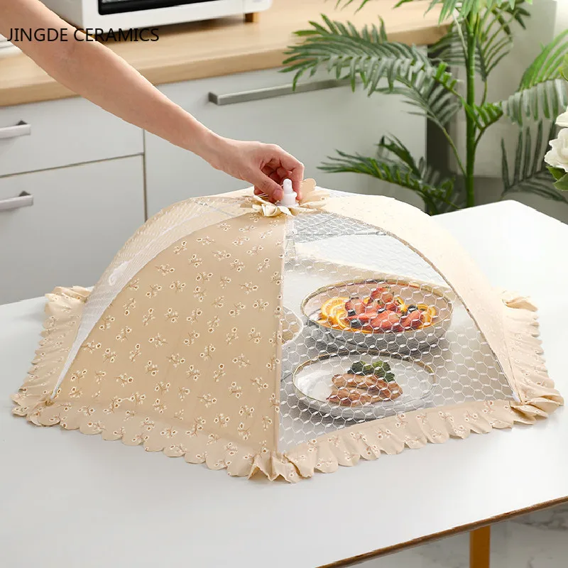 

1pc Country Rose Print Lace Folding Mesh Dish Cover Insect-proof Table Cover Vegetable and Fruit Dust Cover Kitchen Accessories