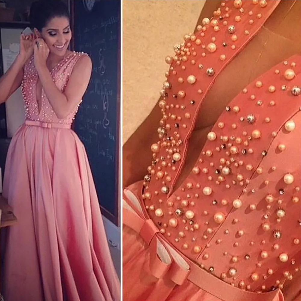 

New Custom Plus Size Crystal Beaded Prom Party Gown Formal Dress A Line V-Neck Sleeveless Chiffon Gown