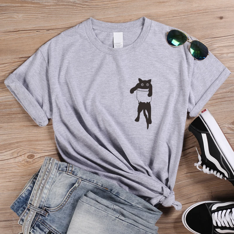 Футболка женская с графическим принтом кошки милая уличная одежда карманами