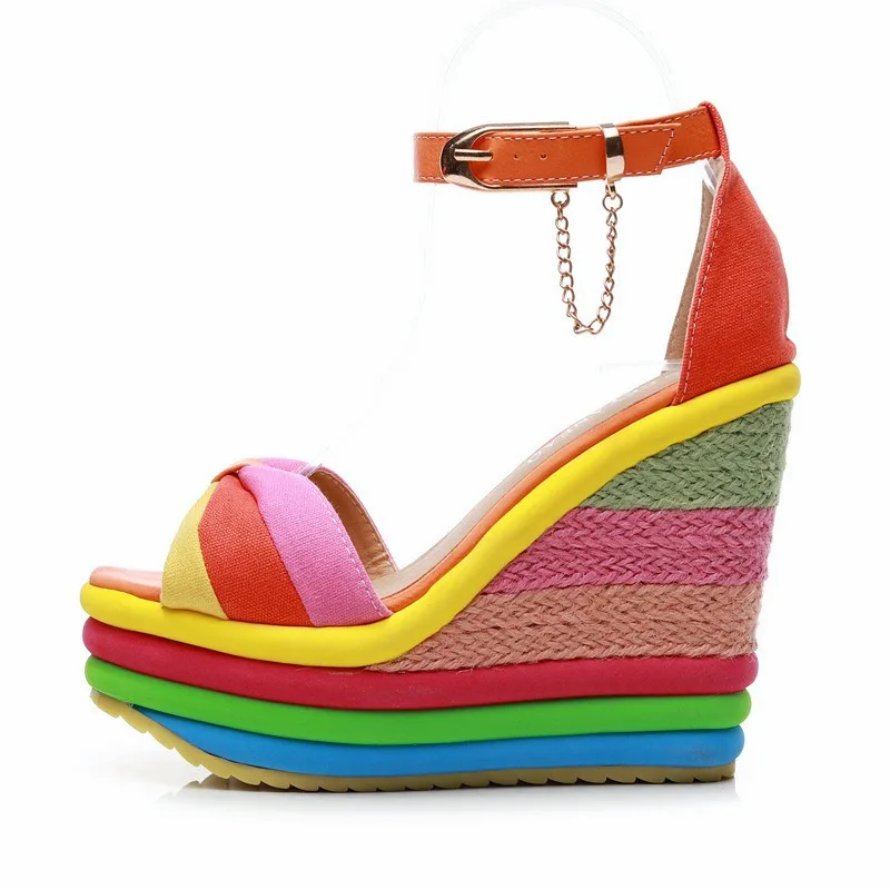 2020 летние новые женские туфли на танкетке с радужным бантом Модные уличные