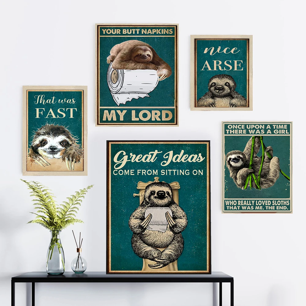 

Cute Funny Sloth Retro Animal Art Green Poster Prints Quote Canvas Painting Picture Vintage Toilet Living Bath Room Home Decor