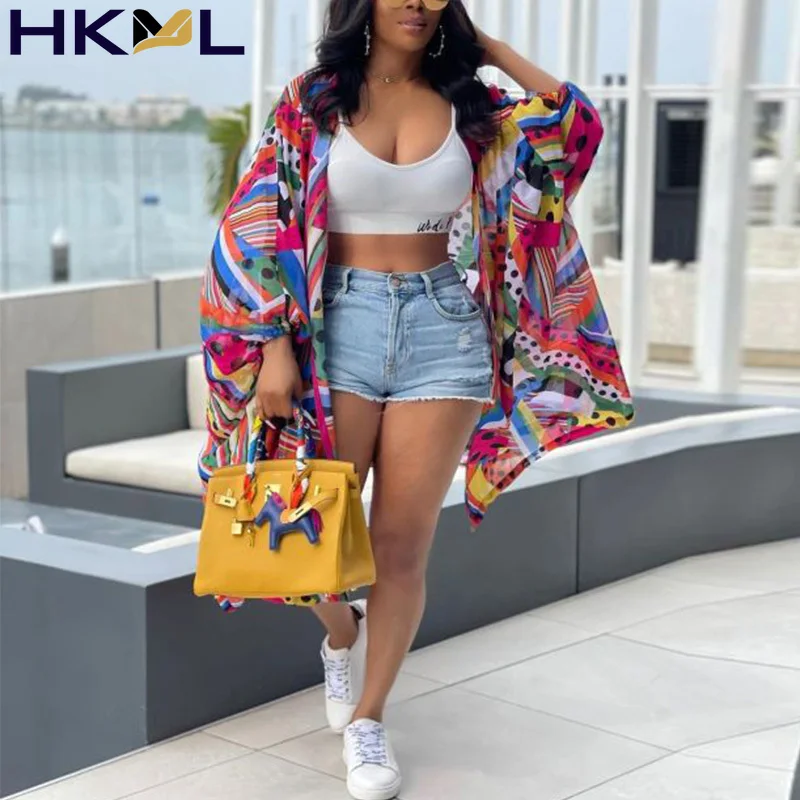 

2021 New Women Cardigans Printed V-Neck Lantern Long Sleeve Fashion Loose Summer Cool Cover Ups