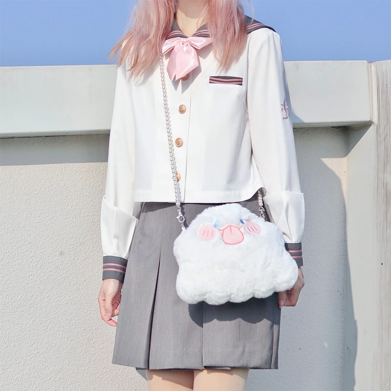 

Kawaii Little Ghost Furry Messenger Bag Japanese Sweet Lolita Crossbody Shoulder Bags Student Girls Plush Doll Pearl Chain Bag