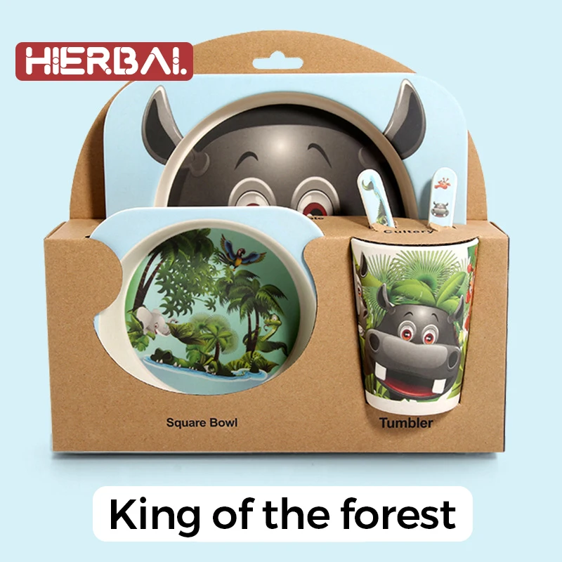 Forest kingdom Набор детской посуды из бамбукового волокна, креативная мультяшная миска, разделительная тарелка, ложка, вилка, чашка, набор из пяти предметов, подарочная посуда - Цвет: Forest kingdom