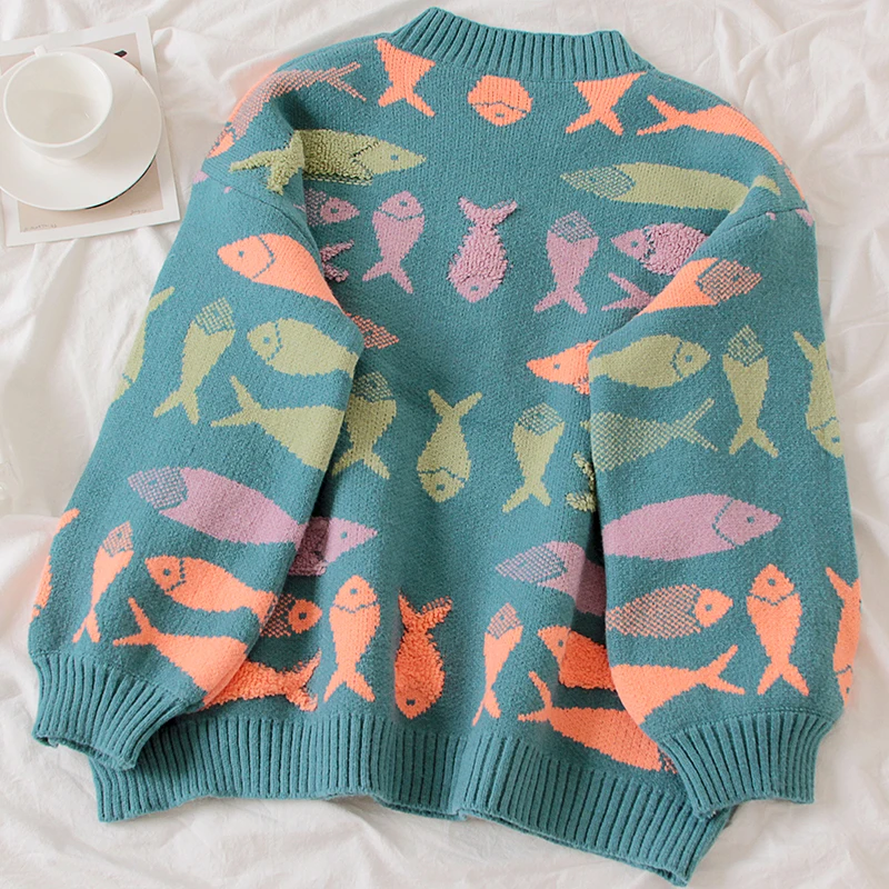 Gaganight винтажный Модный женский свитер с рыбками Свободный пуловер длинными