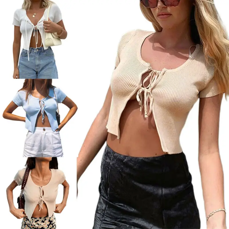 Женский короткий топ на шнуровке однотонный тонкий кардиган с коротким рукавом и