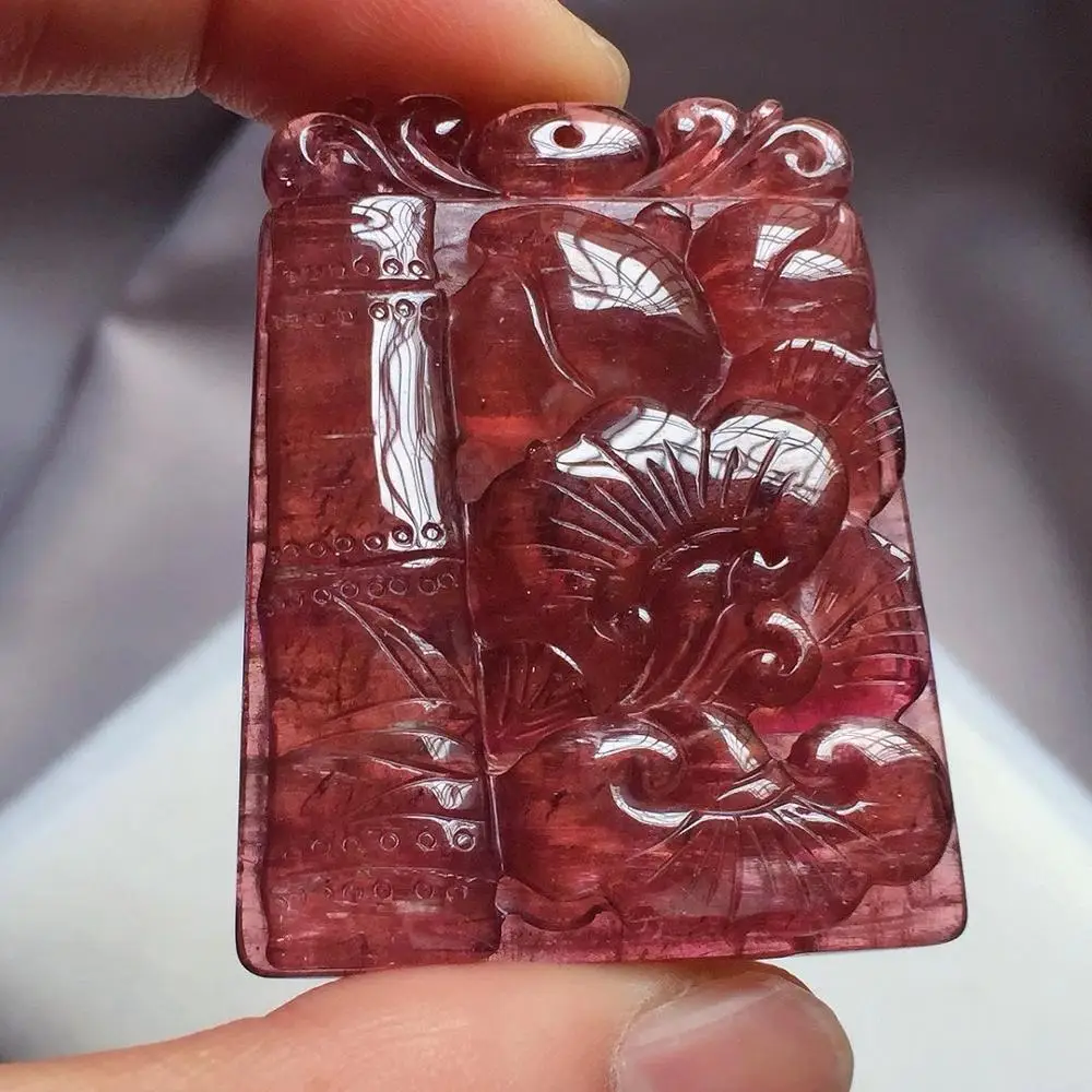 

Certificate Natural Red Tourmaline Quartz Pendant Bamboo Lotus Carved 44x33x7mm Crystal Wealthy Stone Women Men AAAAAA