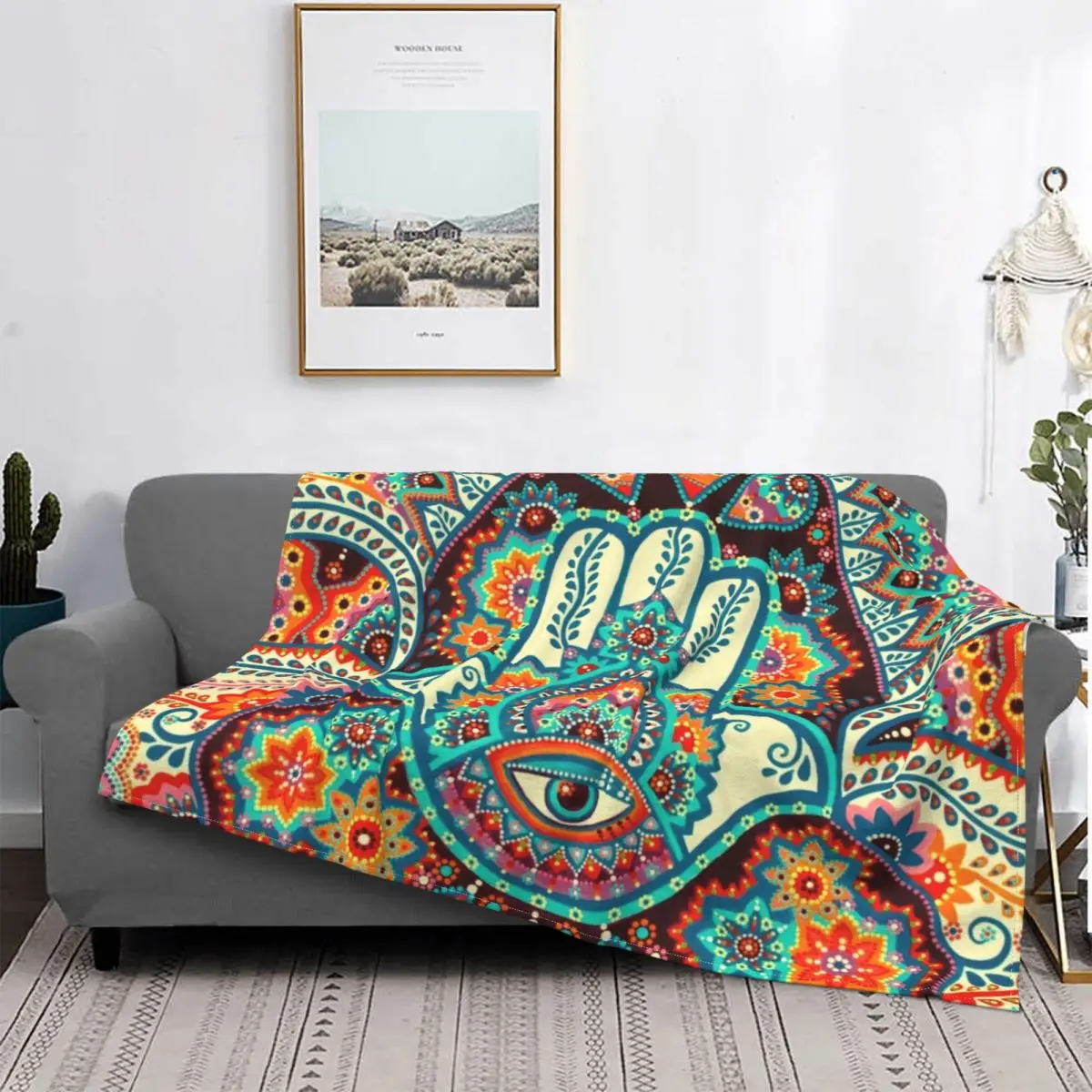 

Bohemian Hamsa Hand Blanket Fleece Textile Decor Breathable Warm Throw Blankets for Sofa Couch Bedding Throws