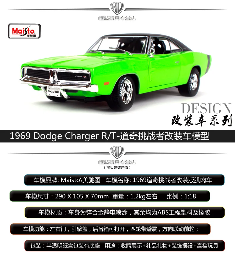 Maisto 1:18 1969 Dodge charger RT машина под давлением зеленая машина под давлением 290X105X70 Драгоценная Коллекционная модель автомобиля игрушки для мужчин 32612
