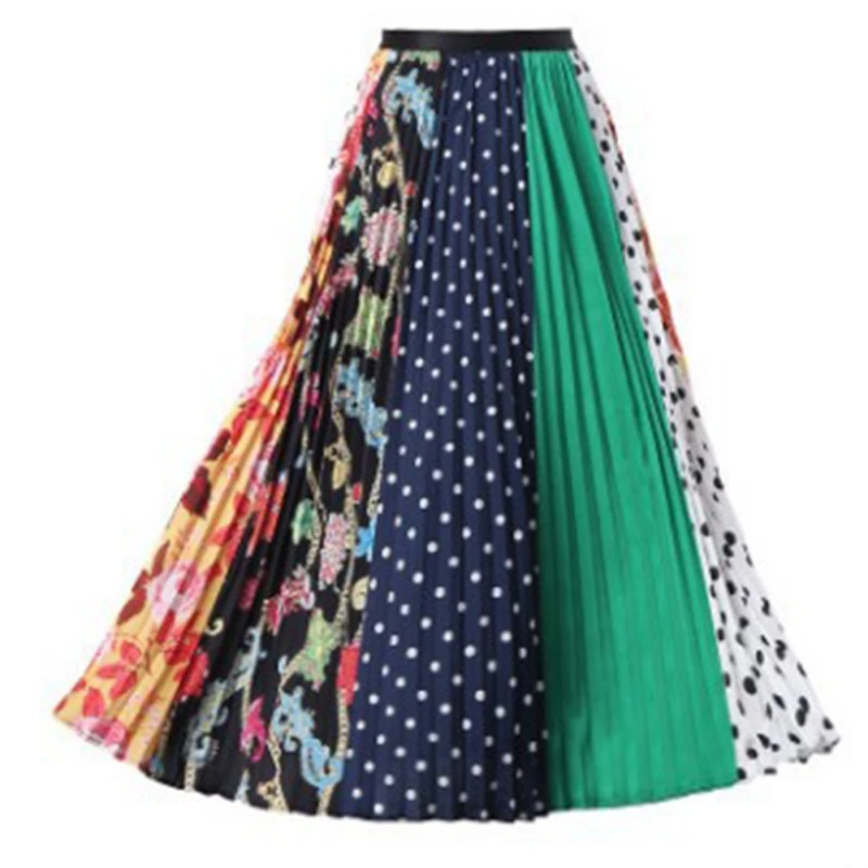 

2020 Summer Women Long Pleated Skirt Plus Size Cartoon Print White Black Pleated Skirt Elastic Casual High Waist Skirt