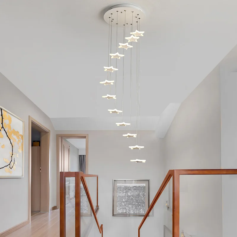 安い 現代のシンプルな二重階段 Led ペンダント創造リビングルームレストランスターランプヴィラスパイラル階段ロング吊りランプ