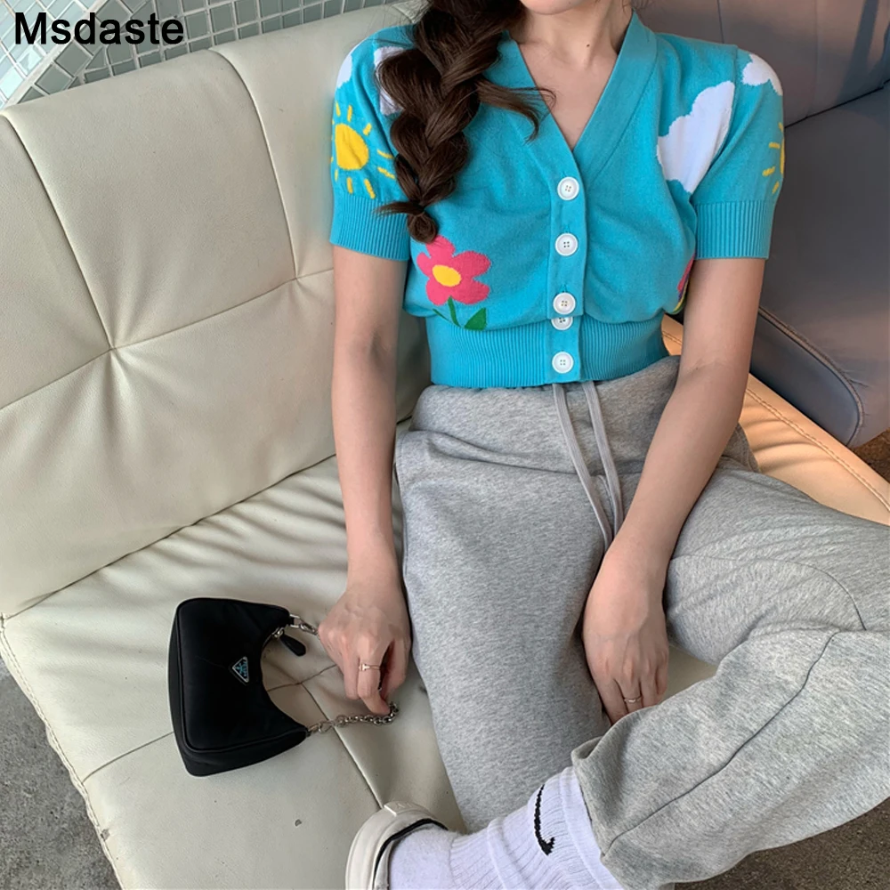 Женский вязаный кардиган с цветочным принтом свитер коротким рукавом и