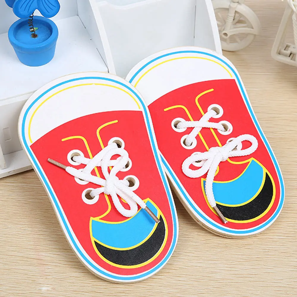 

2pcs Funny Wooden Lacing Shoe Kids Tie-up Shoes Educational Playthings