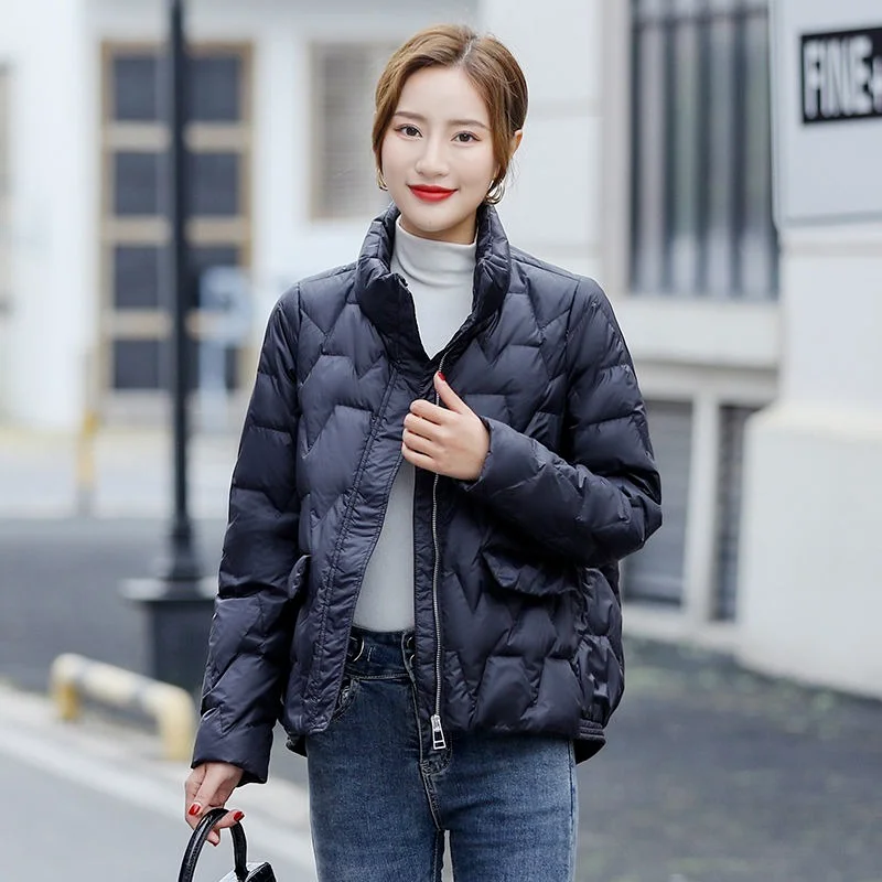 

Thin and Light White Duck Down Coats Women Solid Colors Stand Collar Loose Short Warm Jackets New Spring Autumn Comfort Outwears