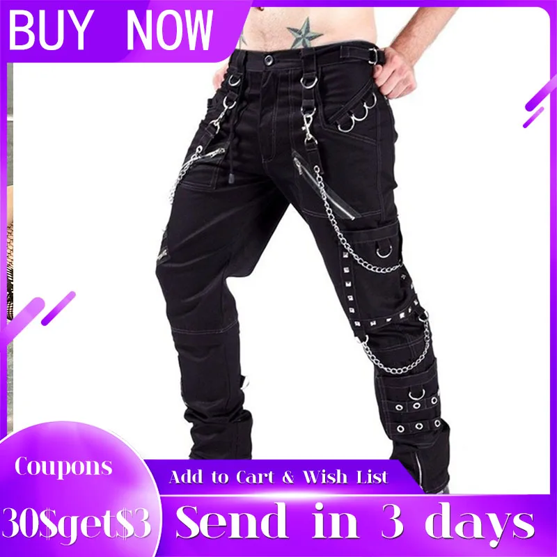 

Men's Gothic Punk Rock Black Pants New Fashion Rivet Chain Hip Pop Casual Loose Streetwear Man Long Trousers Safari Style Trendy