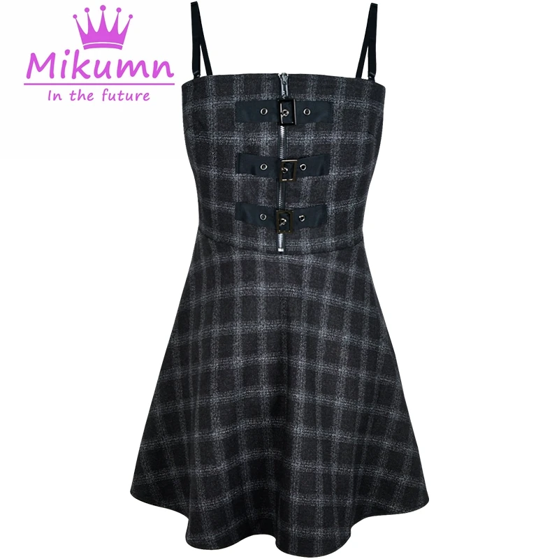 Женские мини платья в клетку черного и серого цвета на весну осень стиле панк без