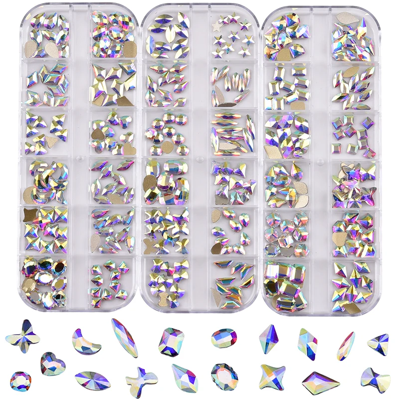 

3d Nail Art Decoration Flat Back Stones Multi Size Shape Crystal Ab Rhinestones Gem Set Box Accessories Professional Supply