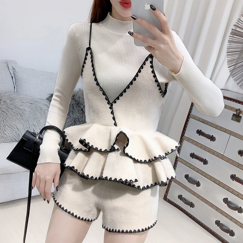 ALPHALMODA, вязаный свитер+ жилет с рюшами+ шорты, Женский Стильный костюм из 3 предметов, новинка, осенне-зимний модный комплект одежды