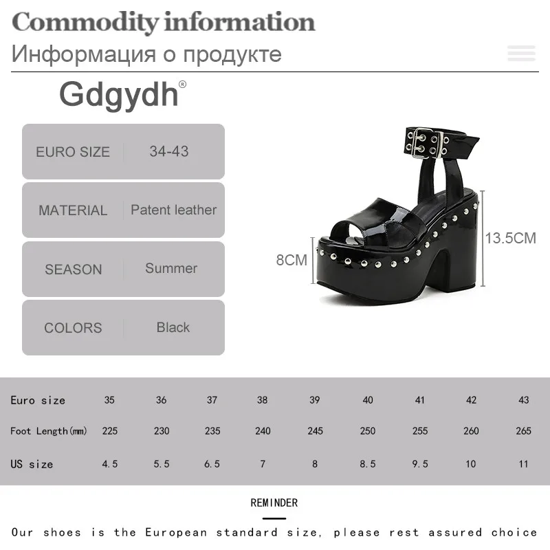 Gdgydh Great Quality Plus Size 43 Chunky High Heel Shoes Black Gothic Cool Summer Platform Sandals Women Ankle Buckle Bright images - 6