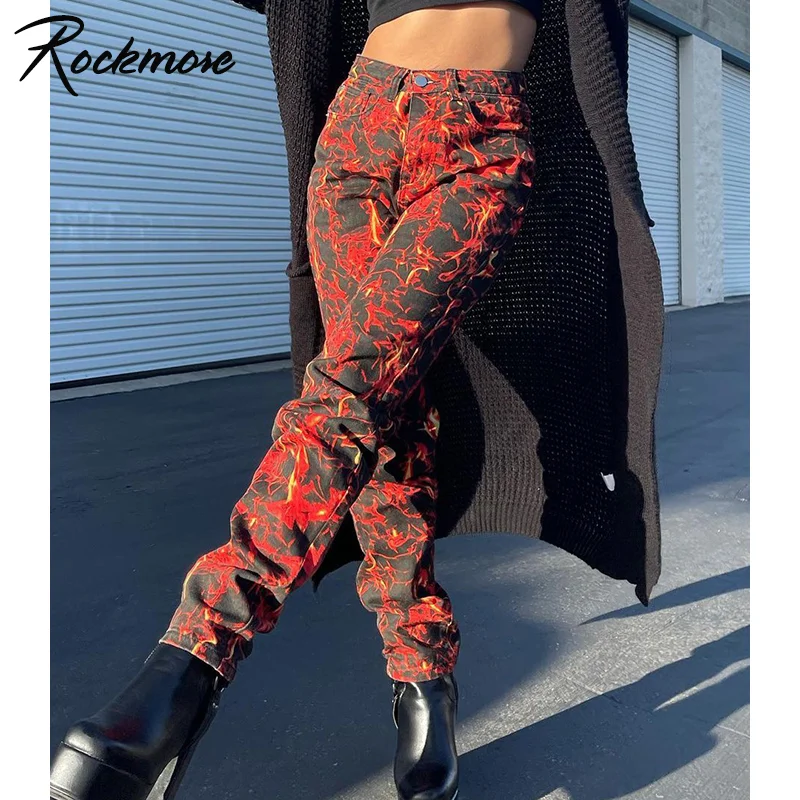 

Rockmore Flame Print Cargo Pants High Waist Women'S Baggy Straight Pants Hip Hop Streetwear Y2K Mom Full Length Trousers Gothic