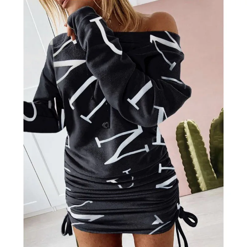 

Elegant Autumn Winter Dresses Women Off Shoulder Drwastring Ruched Long Sleeve Sweatshirt Dress