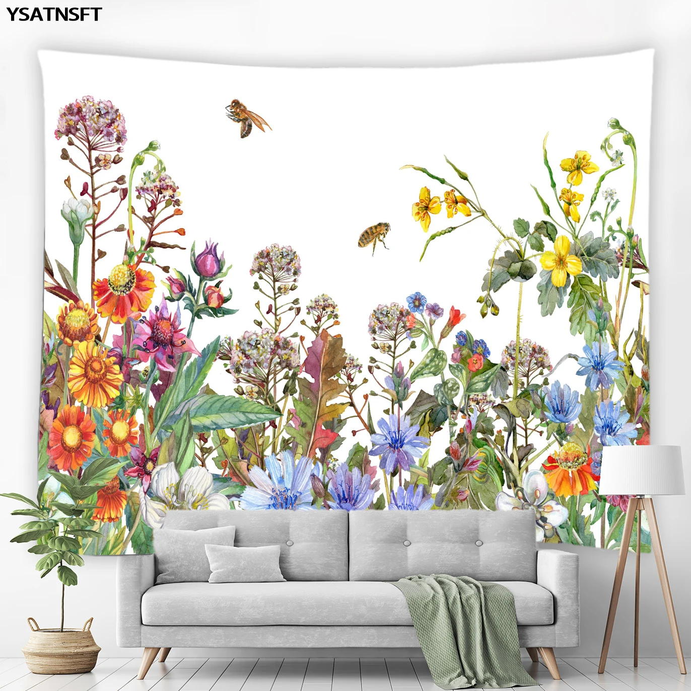 

Гобелен с цветами, пчелами, тропическими растениями, цветочным подсолнухом, колибри, настенный подвесной гобелен в стиле хиппи, одеяло для г...