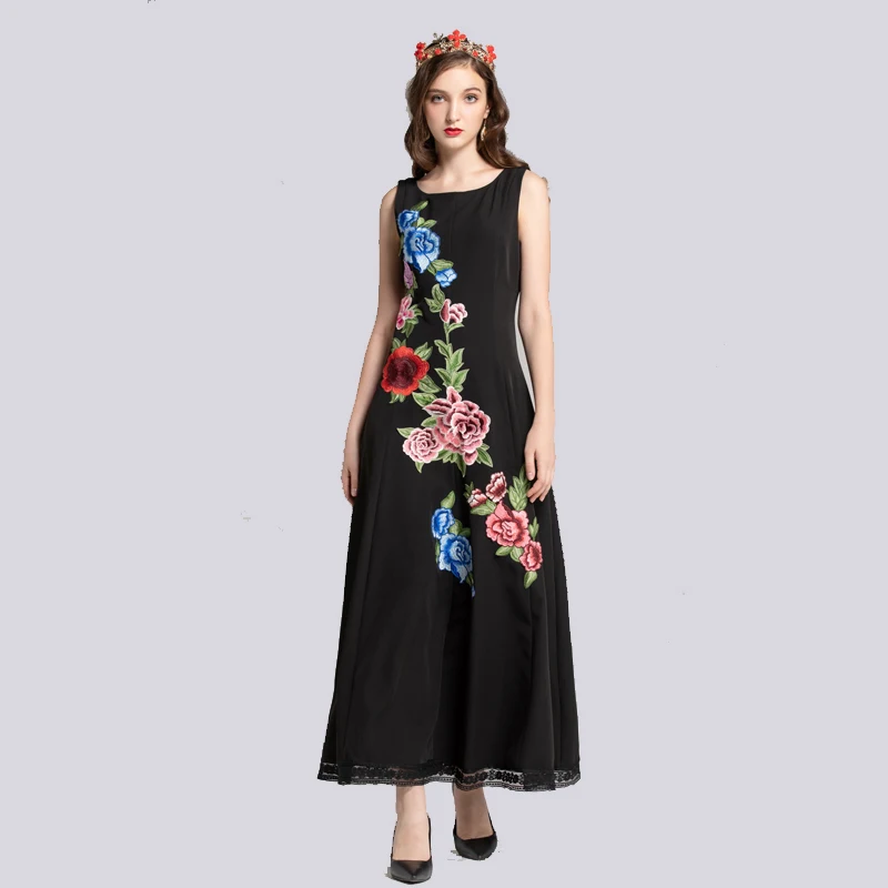 Модное шоу Moda Цветочные Vestidos de Festa Sem Mangas das Mulheres Do винтажные Flor Preto Bordado Vestido longo