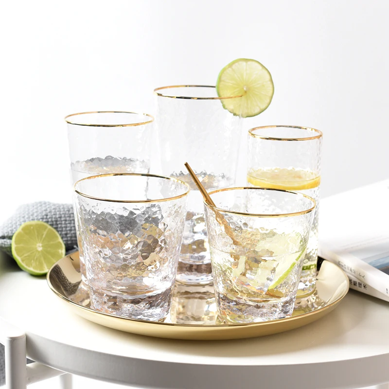 

Hammer Pattern Gold Rim Glass Water Cup Home Breakfast Cup Milk Cup Juice Drink Cup Tea Cup