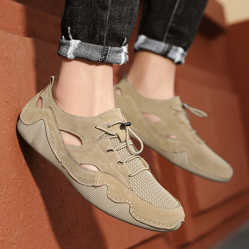 

Summer Breathable Men Shoes Suede Leather Casual Shoes Flats Lace Up Durable Rubber Trainers Men Non Slip Driving Shoes Men