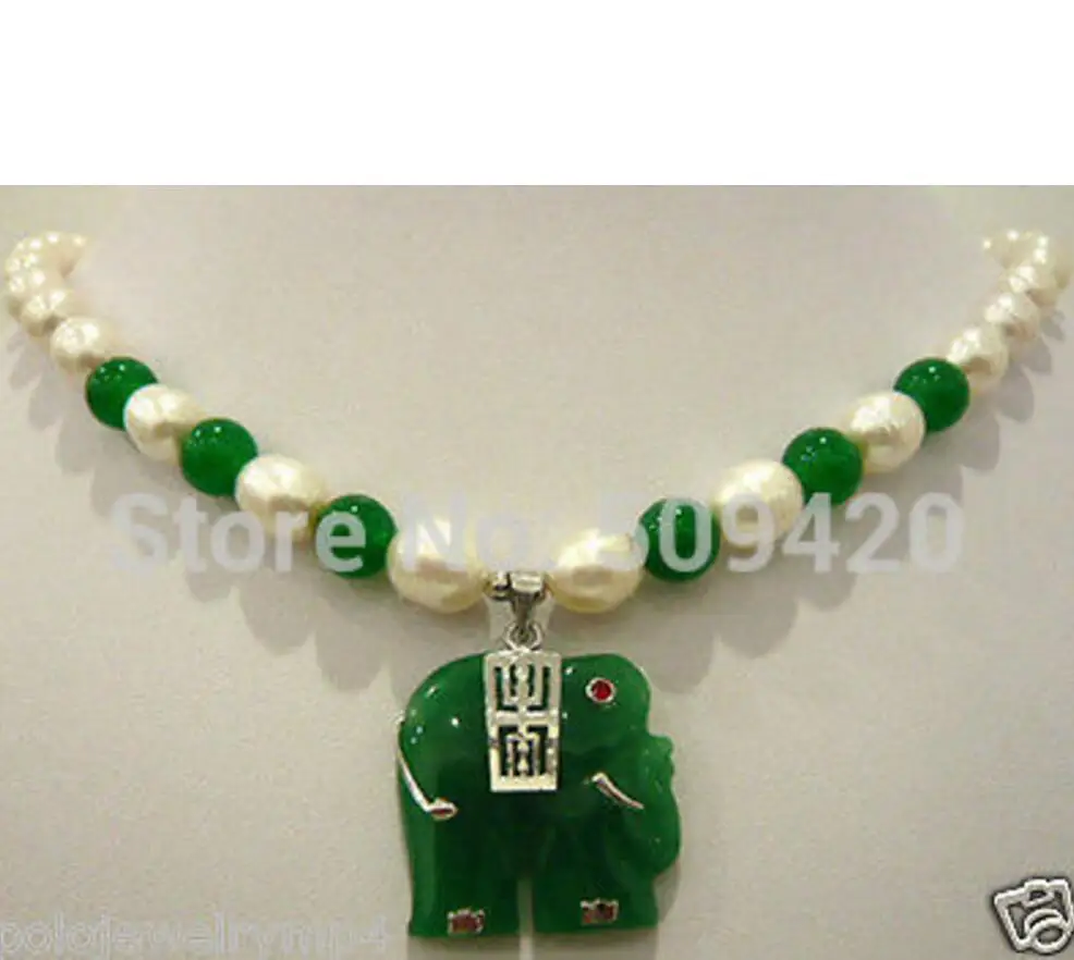 

New White pearl & green jade necklace+elephant pendant