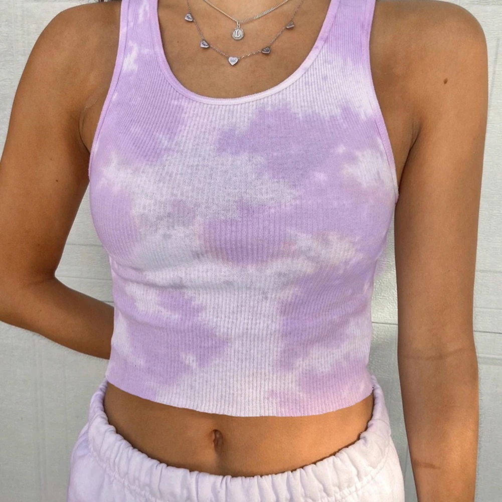 

Tie Dye Tank Tops Women Pink Sleeveless Bodycon O-Neck Crop Tops Summer Streetwear Camis Harajuku Purple Vest Fitness