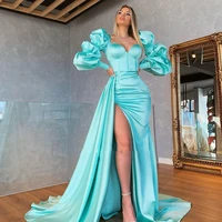 sexy sweetheart turquoise satin mermaid evening dresses high side split formal party long puff sleeves 2021 vestidos de fiesta