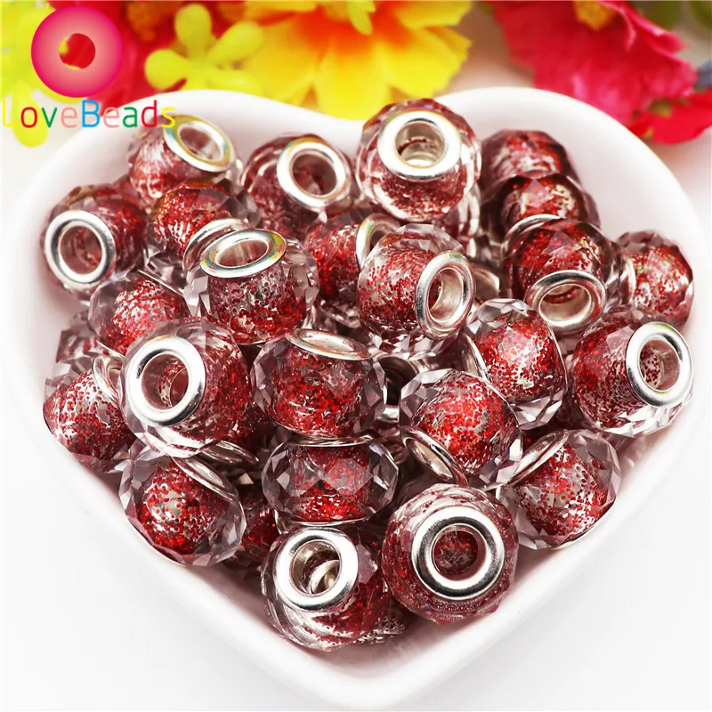 

10Pcs Color Glitter Glass European Spacer Beads Murano Large Hole Faceted Beads for Pandora Charm Bracelets Earrings DIY Jewelry