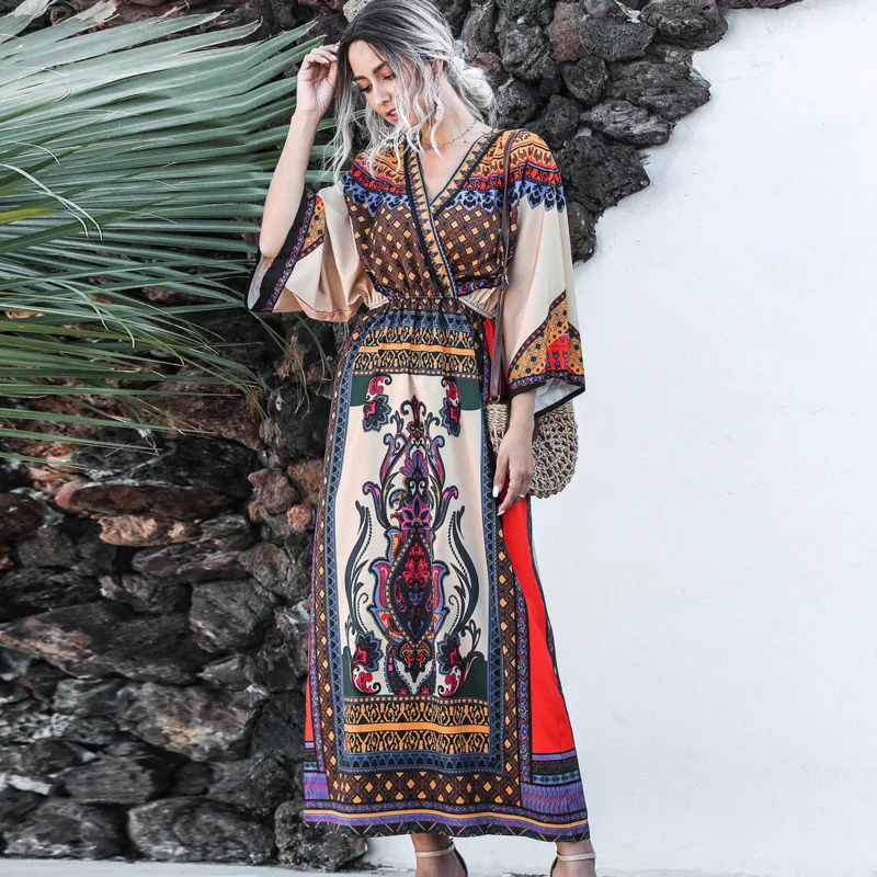 Длинное платье в стиле бохо из вискозы 2020 с цветочным принтом сексуальные летние