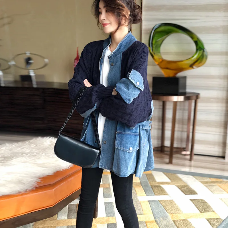 

New 2021 Ladies Loose casual Knitted Cardigan Sweater Women Patchwork Denim V Neck coats Knitwear Tops